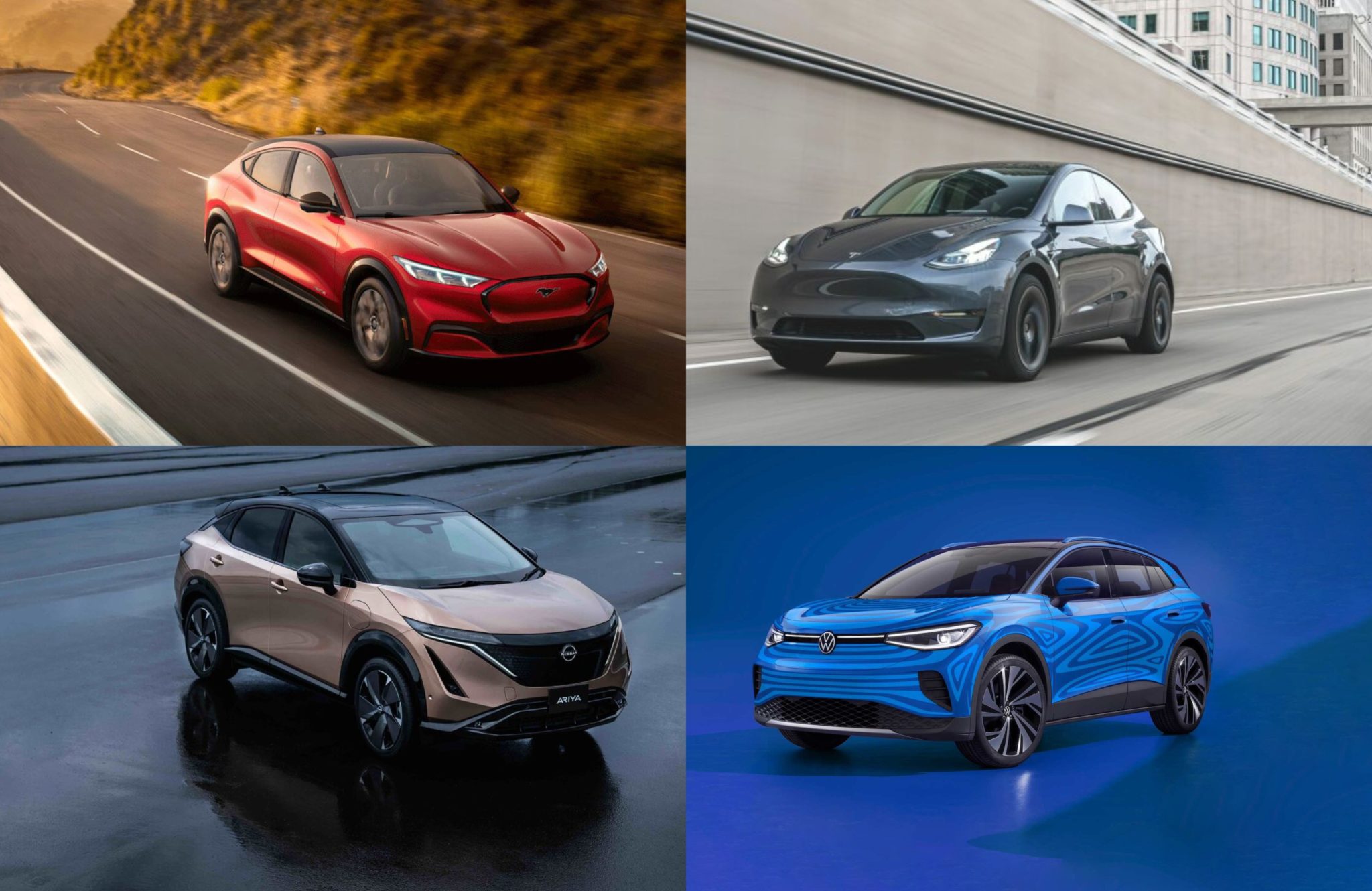 Quick Comparison: Ford Mustang Mach-E vs. Nissan Ariya vs. Tesla Model Y  vs. Volkswagen ID.4 - The Next Avenue