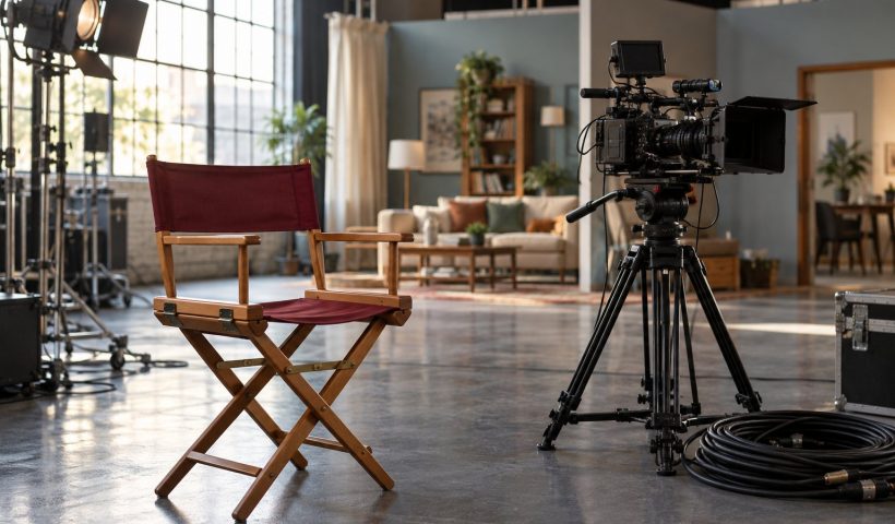 Cadeira de diretor vazia e câmera em um set iluminado por luz natural.