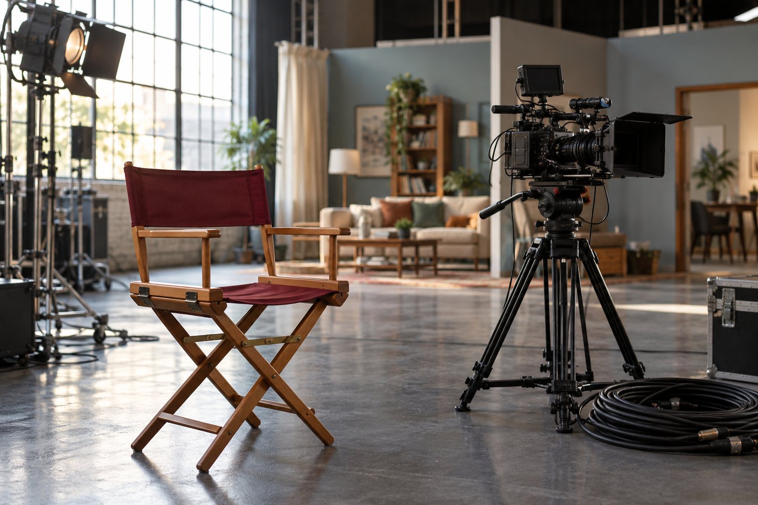 Cadeira de diretor vazia e câmera em um set iluminado por luz natural.