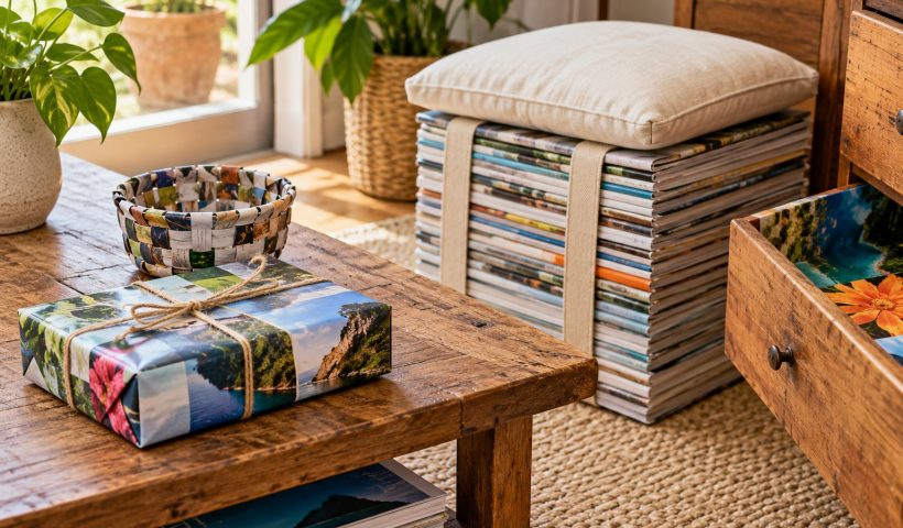 Revistas reaproveitadas como embalagem de presente, cesta e banco com almofada.