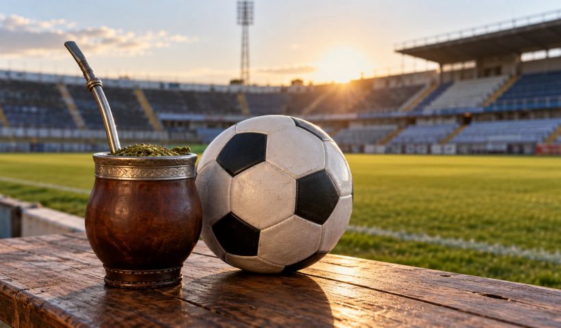 Cuia de mate e bola de futebol junto a um campo ao pôr do sol; não foi possível salvar o arquivo no caminho solicitado.