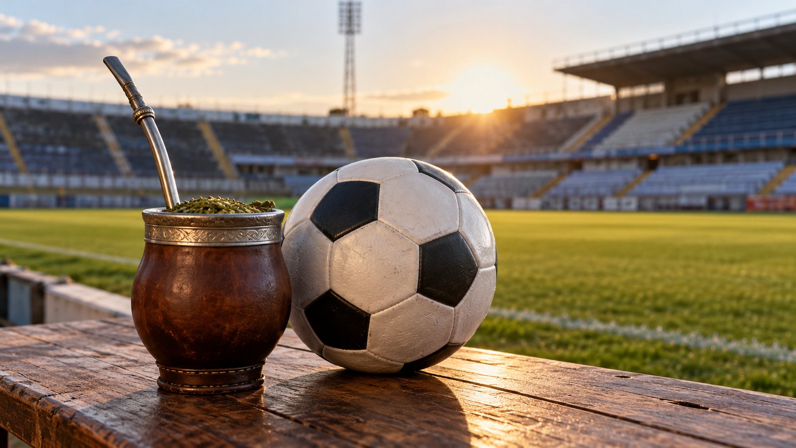 Cuia de mate e bola de futebol junto a um campo ao pôr do sol; não foi possível salvar o arquivo no caminho solicitado.
