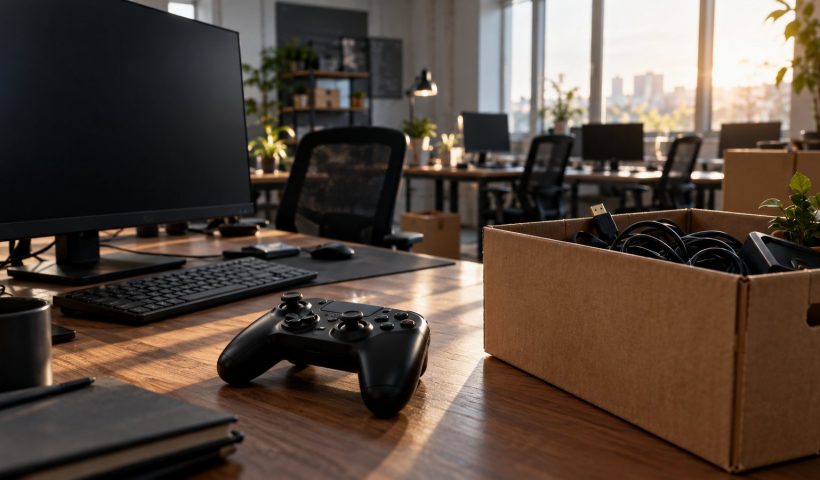 Controle de videogame sobre mesa, monitor desligado e caixa de papelão em escritório vazio.