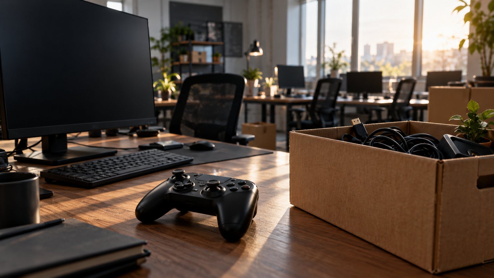 Controle de videogame sobre mesa, monitor desligado e caixa de papelão em escritório vazio.