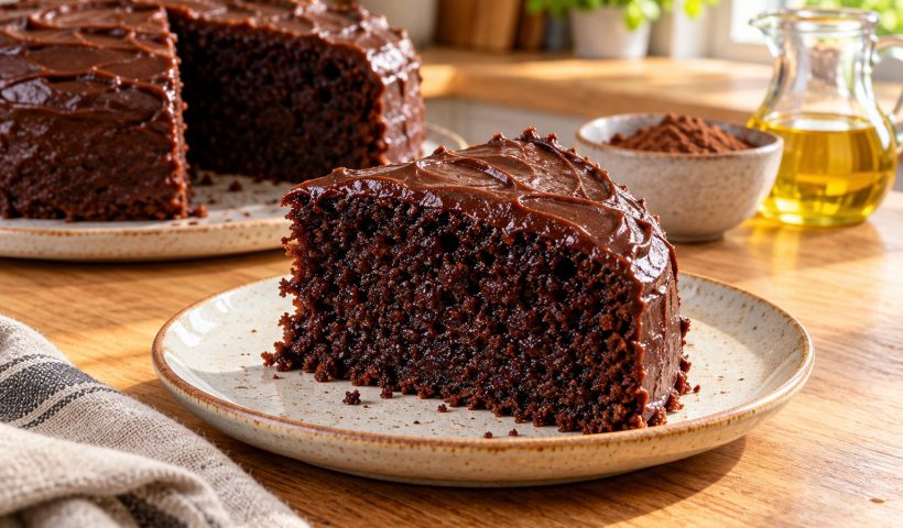 Fatia de bolo de chocolate com miolo úmido em prato de cerâmica, com cacau e óleo ao fundo.