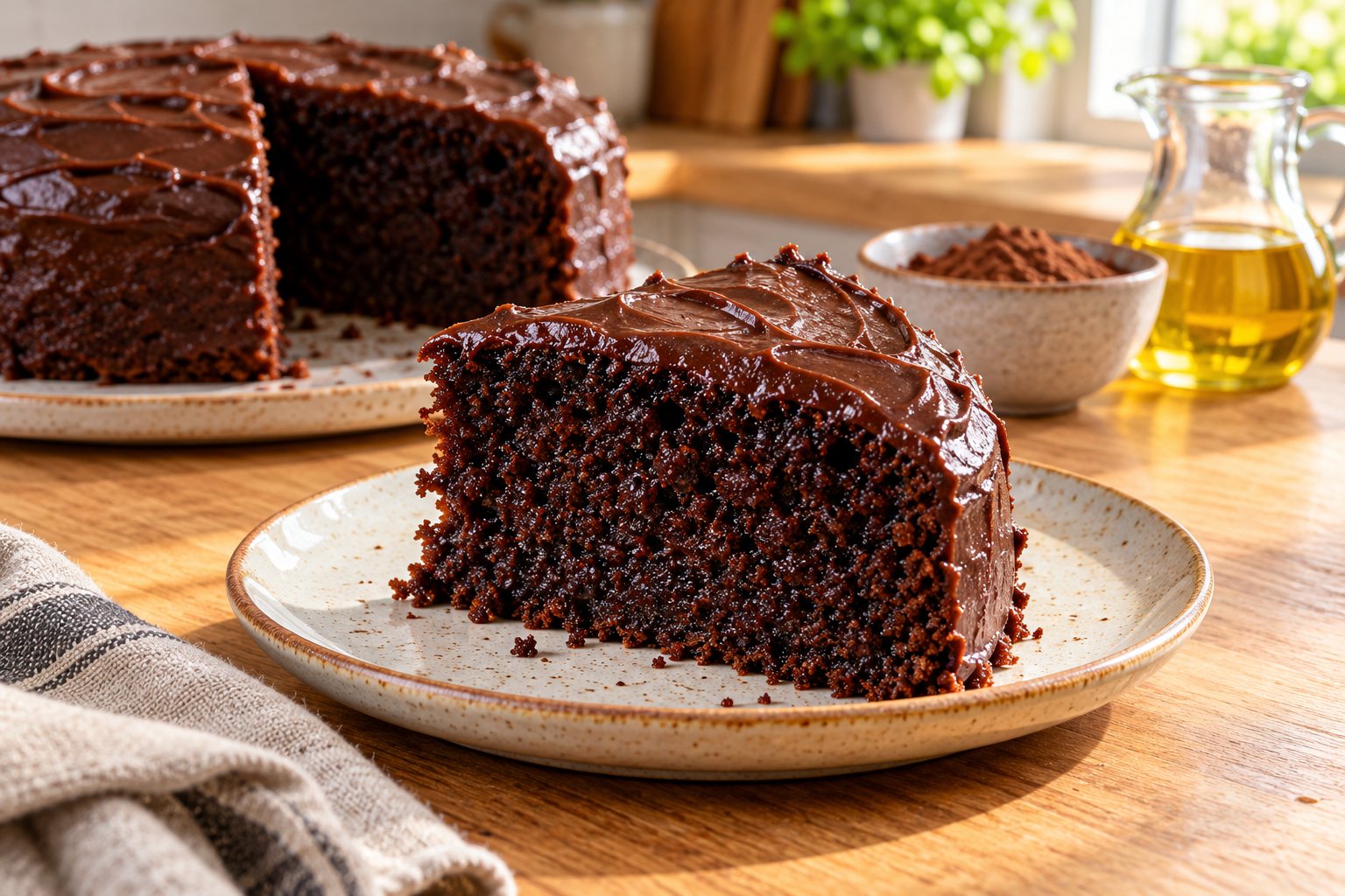 Fatia de bolo de chocolate com miolo úmido em prato de cerâmica, com cacau e óleo ao fundo.