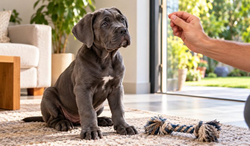 Filhote de cane corso em ambiente doméstico durante treino com gesto de uma mão adulta.