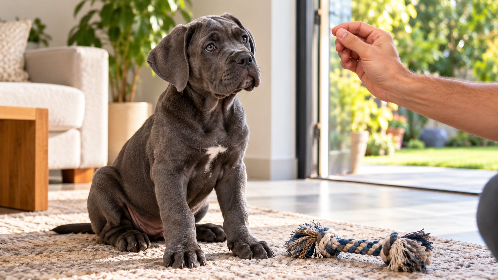 Filhote de cane corso em ambiente doméstico durante treino com gesto de uma mão adulta.