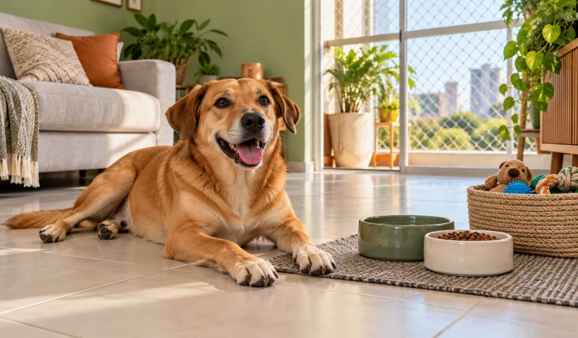 Cão caramelo em sala organizada, com tigelas e brinquedos para pets.