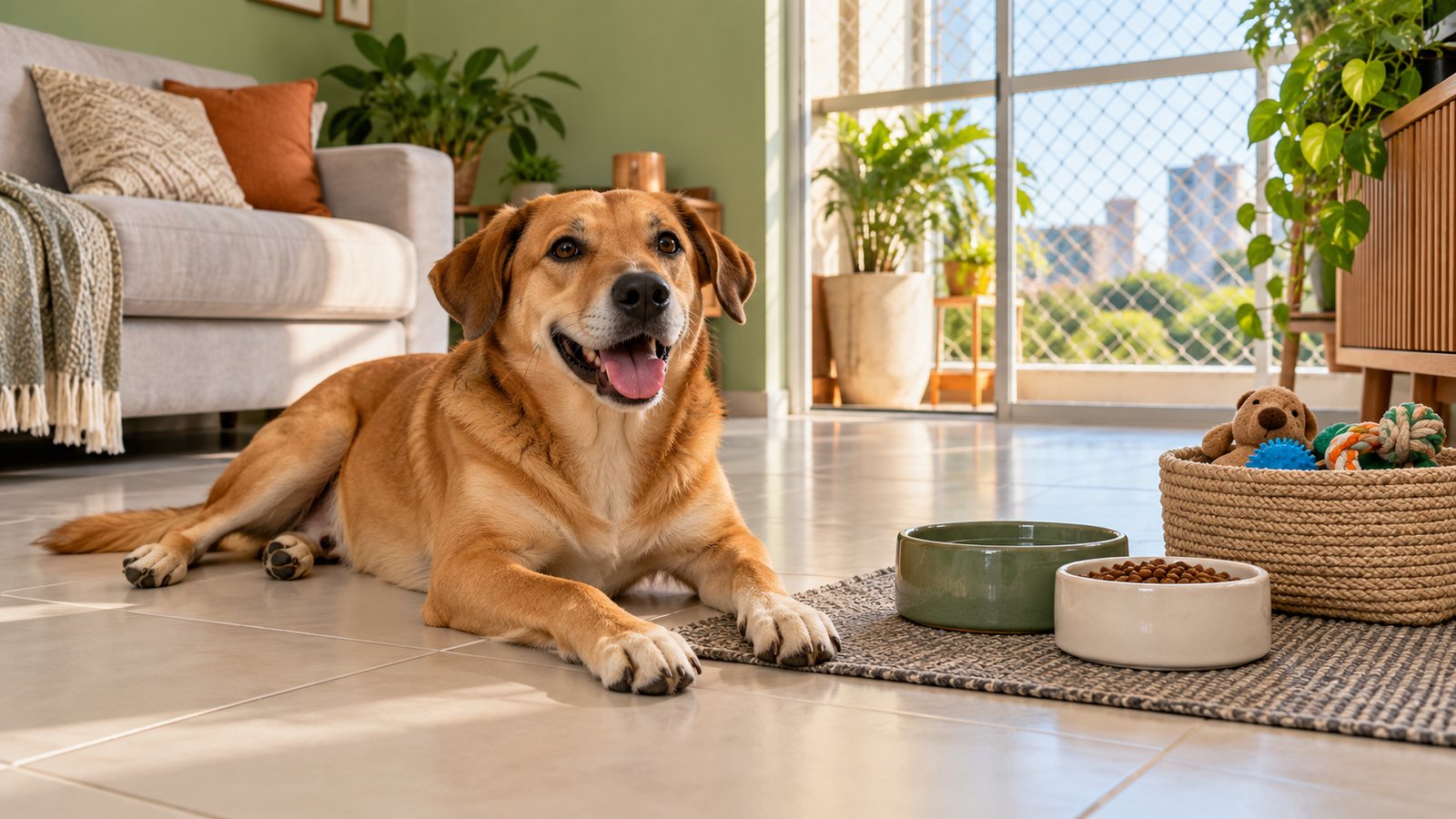 Cão caramelo em sala organizada, com tigelas e brinquedos para pets.