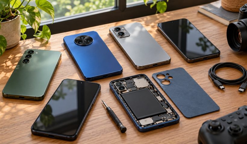 Celulares sobre mesa de madeira, com câmeras e componentes de reparo em destaque.