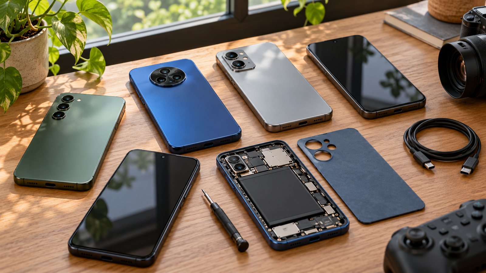 Celulares sobre mesa de madeira, com câmeras e componentes de reparo em destaque.