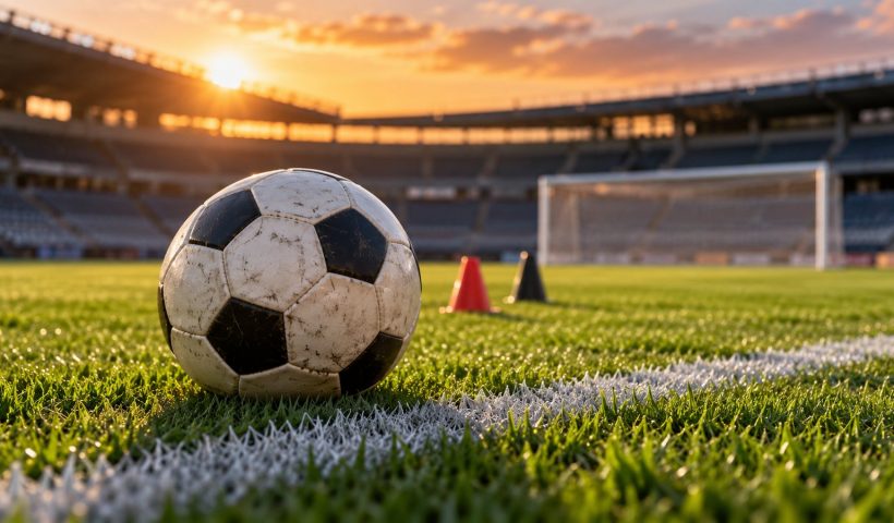 Bola de futebol no gramado, com cones vermelho e preto e gol ao fundo.
