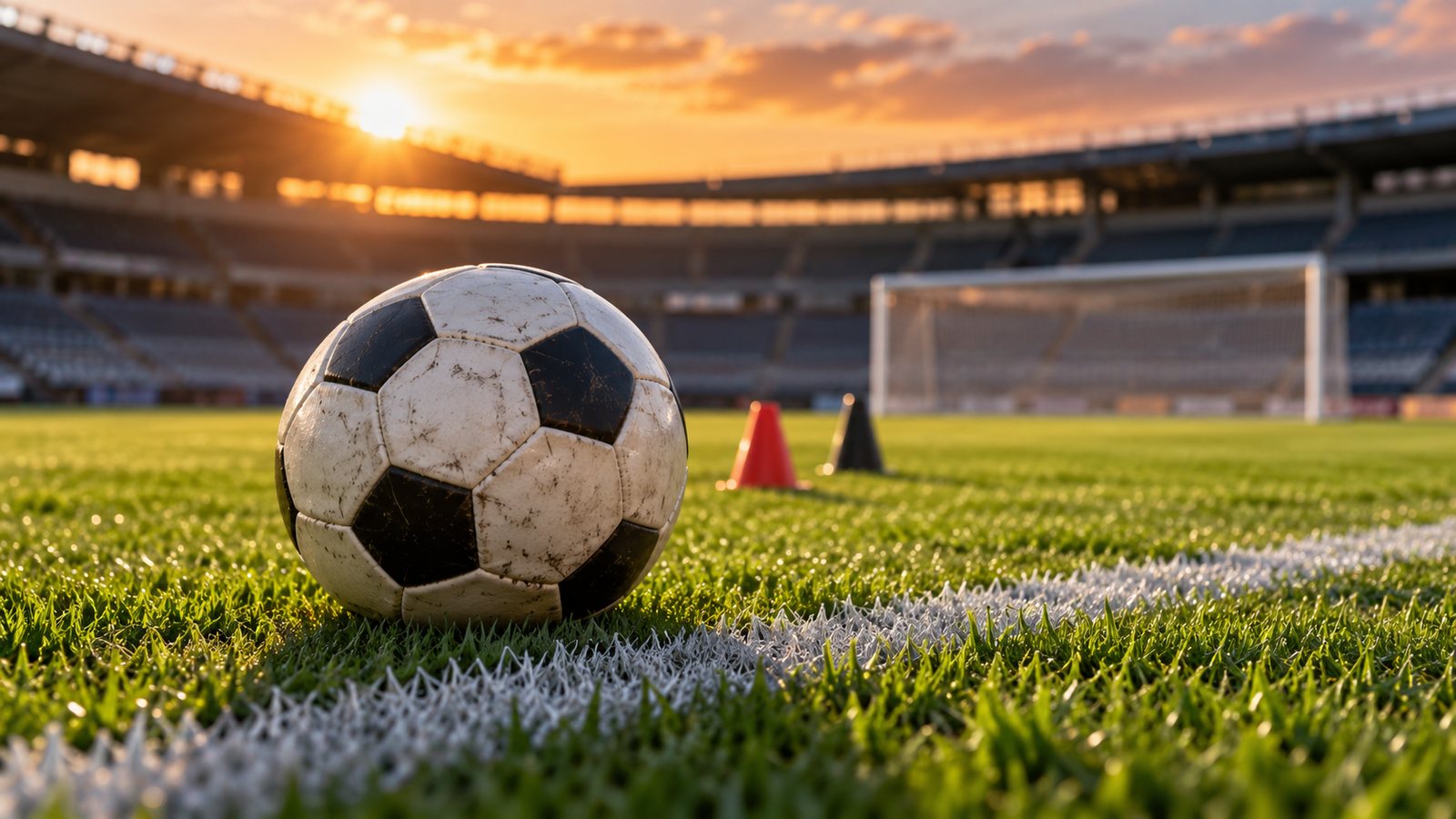 Bola de futebol no gramado, com cones vermelho e preto e gol ao fundo.