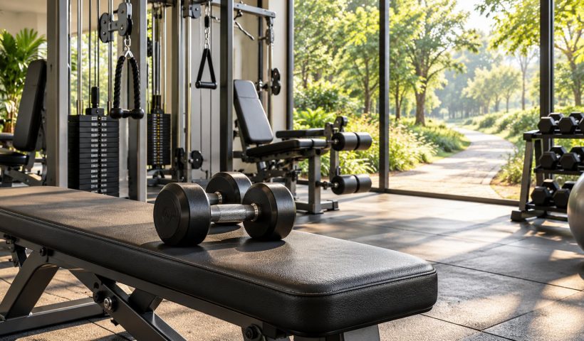 Halteres sobre banco de musculação em academia iluminada, com caminho arborizado ao fundo.