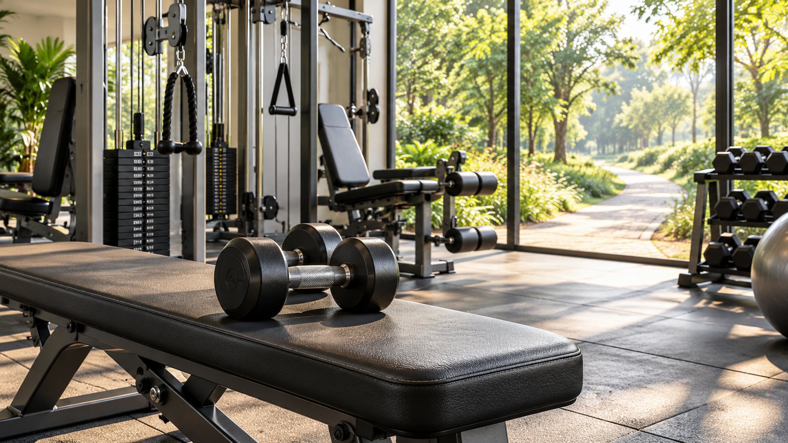 Halteres sobre banco de musculação em academia iluminada, com caminho arborizado ao fundo.