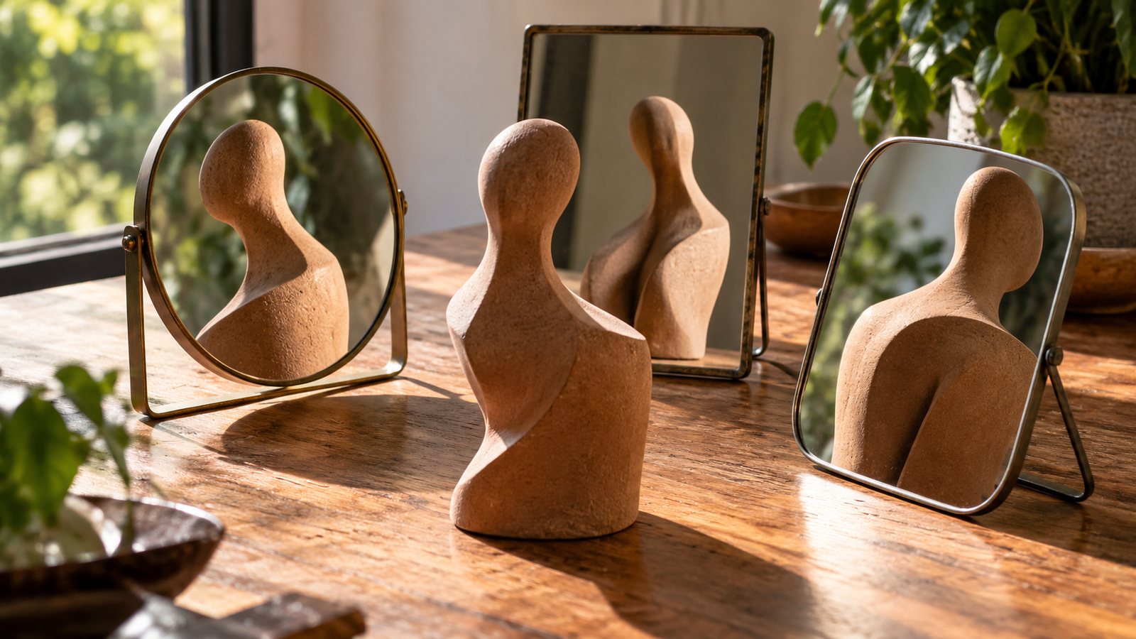 Duas cadeiras de madeira com uma mesa entre elas em ambiente iluminado naturalmente.
