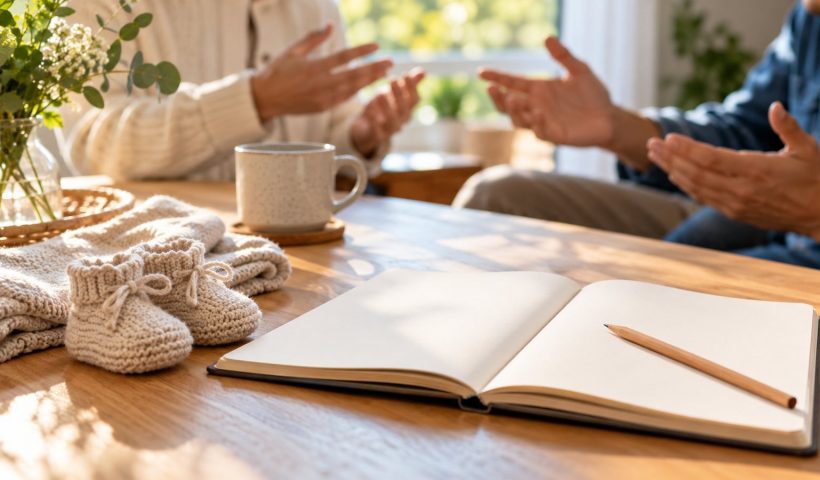 Caderno em branco e sapatinhos de bebê sobre uma mesa, com adultos conversando ao fundo. Não foi possível copiar a imagem para o caminho solicitado devido a uma falha do ambiente.