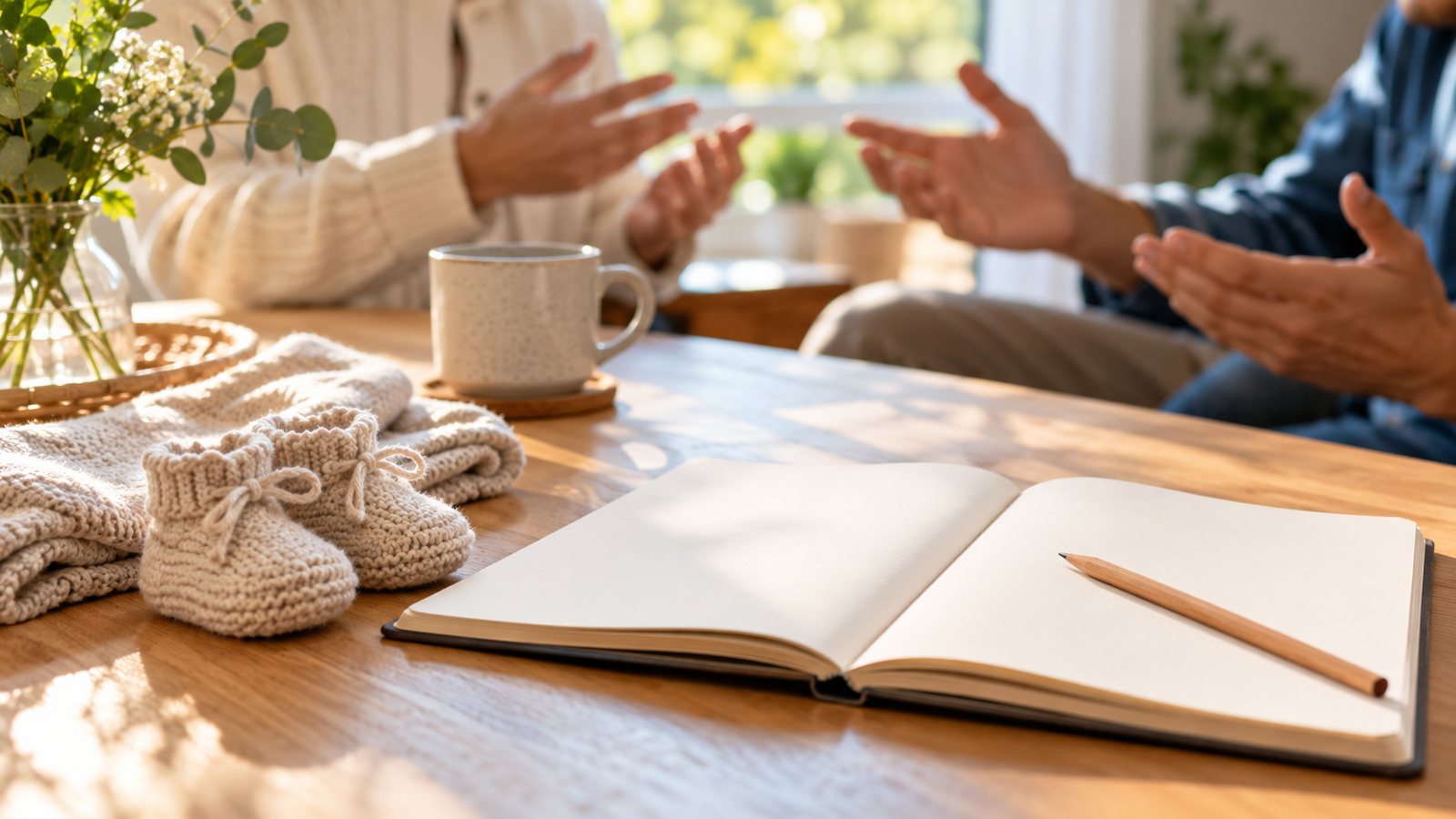 Caderno em branco e sapatinhos de bebê sobre uma mesa, com adultos conversando ao fundo. Não foi possível copiar a imagem para o caminho solicitado devido a uma falha do ambiente.