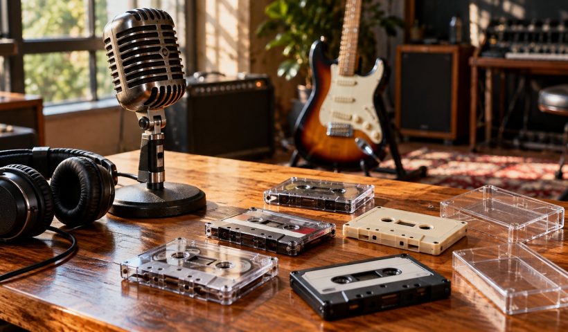 Microfone, fitas cassete e guitarra em um estúdio iluminado por luz natural.