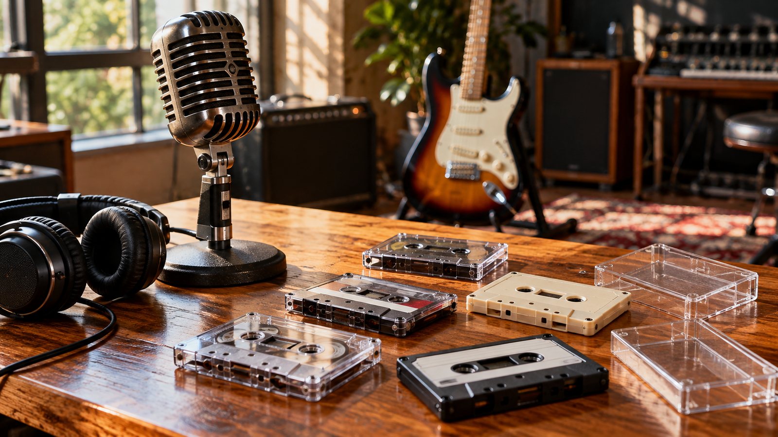 Microfone, fitas cassete e guitarra em um estúdio iluminado por luz natural.