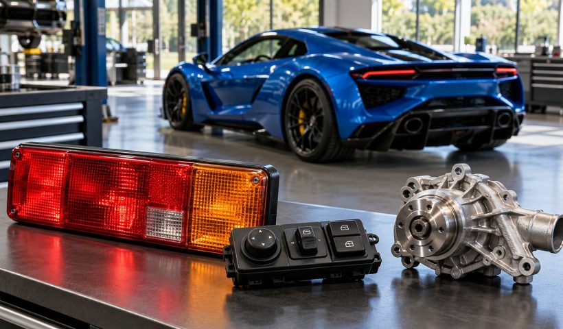 Supercarro azul em oficina, com lanterna de ônibus e componentes automotivos sobre uma bancada.