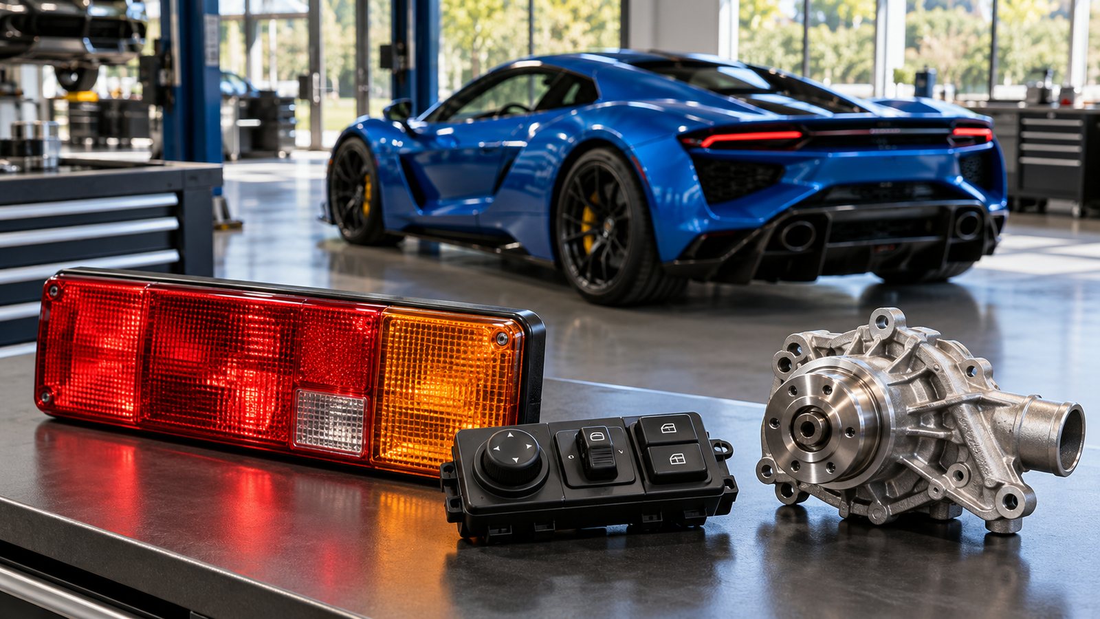 Supercarro azul em oficina, com lanterna de ônibus e componentes automotivos sobre uma bancada.