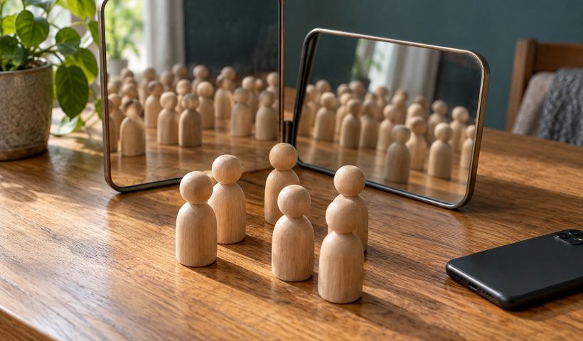 Figuras de madeira refletidas em espelhos sobre uma mesa, ao lado de um celular.
