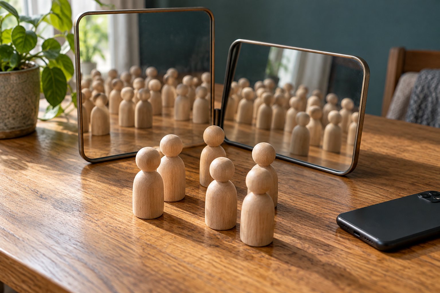 Figuras de madeira refletidas em espelhos sobre uma mesa, ao lado de um celular.